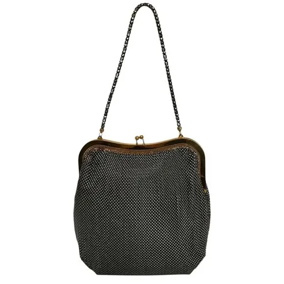1930s Whiting & Davis Vintage Gunmetal Metal Mesh Chain Strap Evening Bag Purse